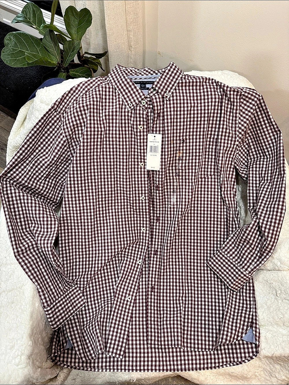 Tommy Hilfiger Classic Fit Gingham Button Down Shirt in Burgundy & White XL NWT